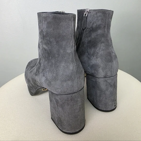 PRADA Grey Suede Platform Retro Block Chunky Heel Ankle Bootie Round Toe 38 - Picture 10 of 14
